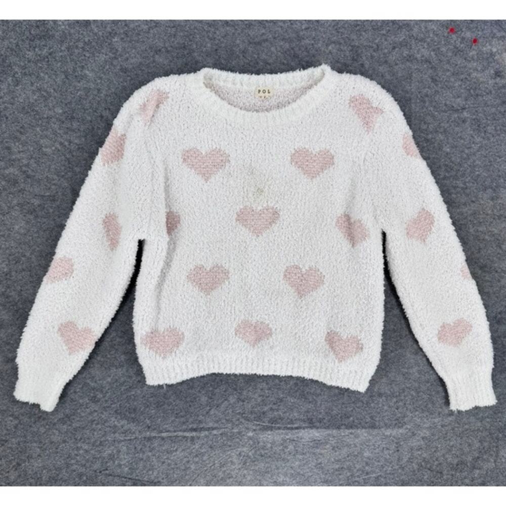 POL Heart Sweater Fuzzy Soft Size Large Pink and White